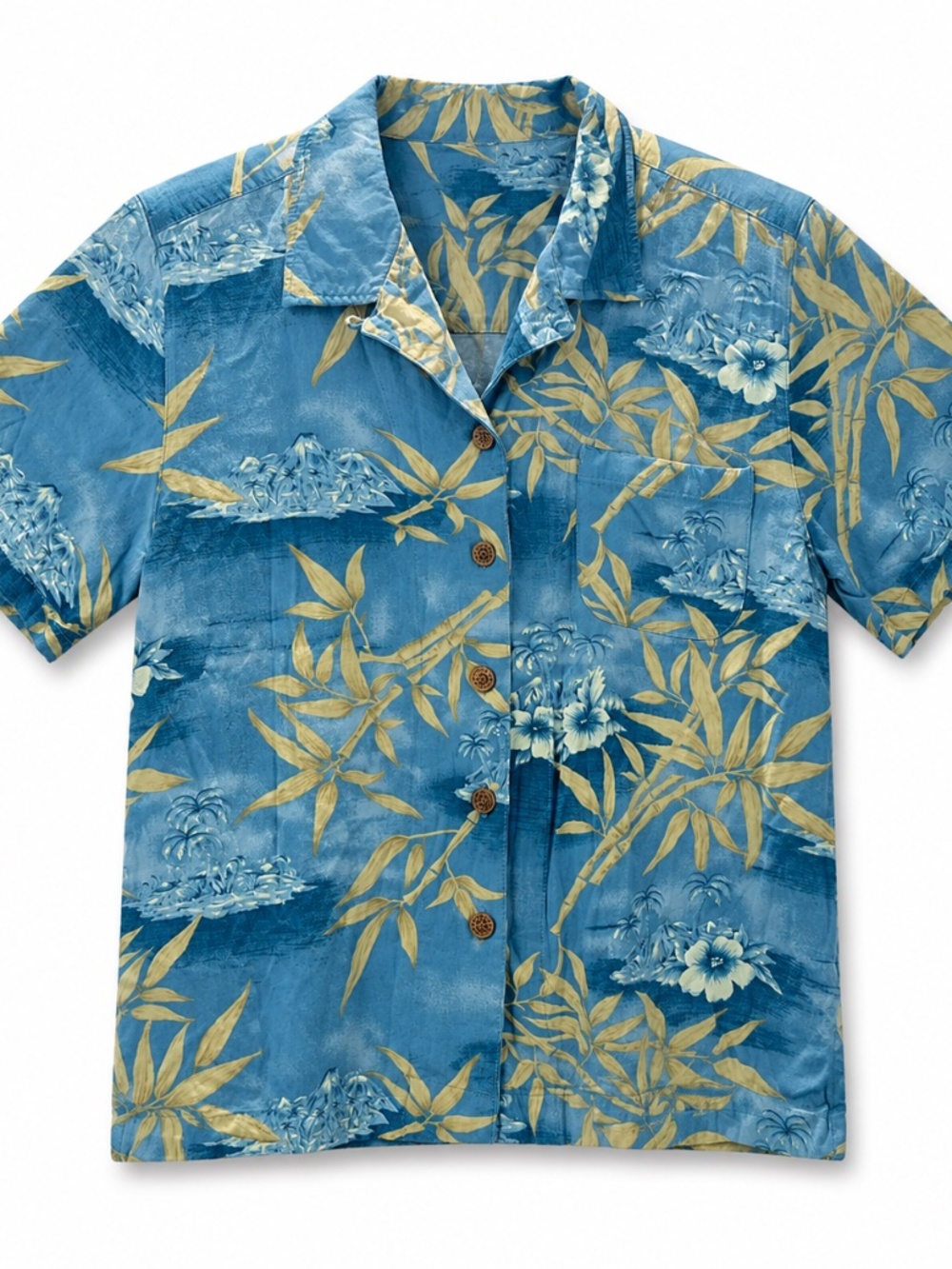 Vintage 100% Rayon Hawaiian Shirt Blue Tropical Bamboo Hibiscus Print Women’s M